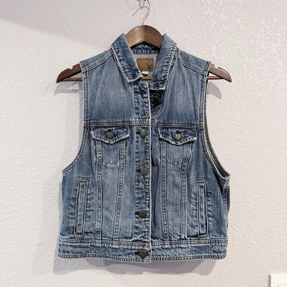 American Eagle Outfitters Denim Jean Vest Size Large Blue Casual Button Front